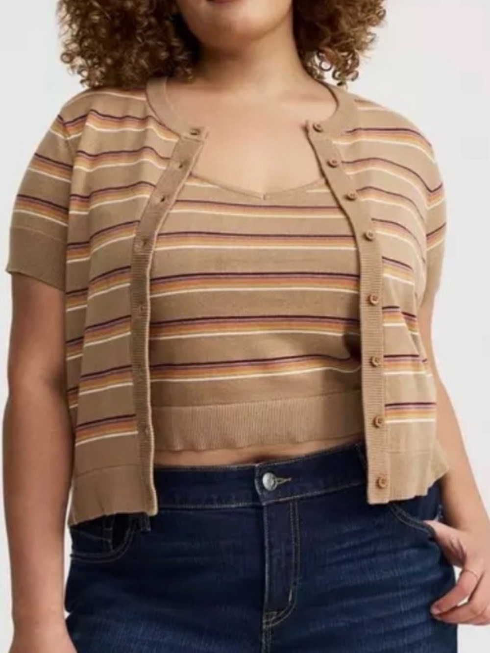 Torrid Tank & Cardigan Set Cropped Taupe Color Striped Cotton Short Sleeve Sz 4X